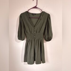 Olive Puff Sleeve Mini Dress with Smocked Waist